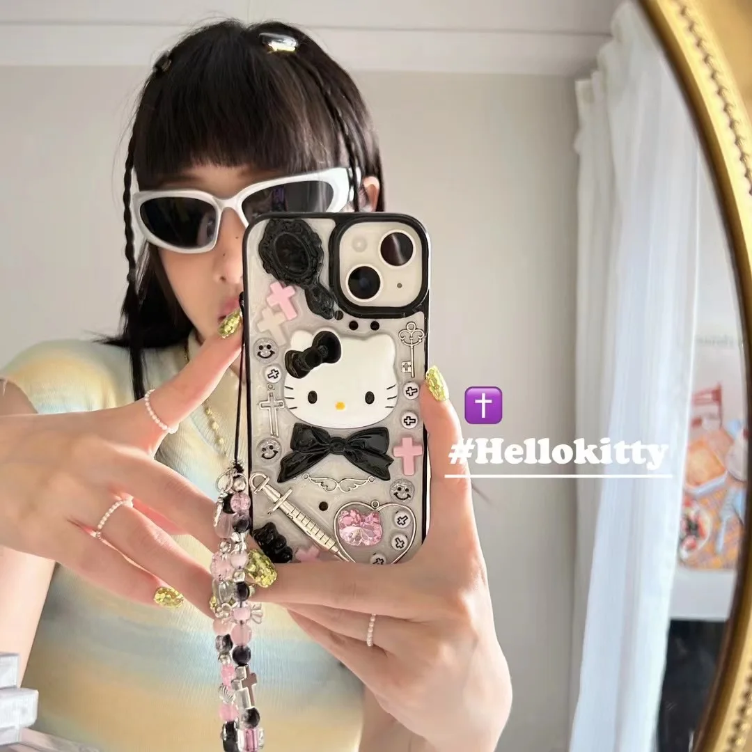 

Cute Sanrio Hello Kitty black sweet style with bracelet cartoon Phone Cases For iPhone 14 13 12 11 Pro Max Back Cover