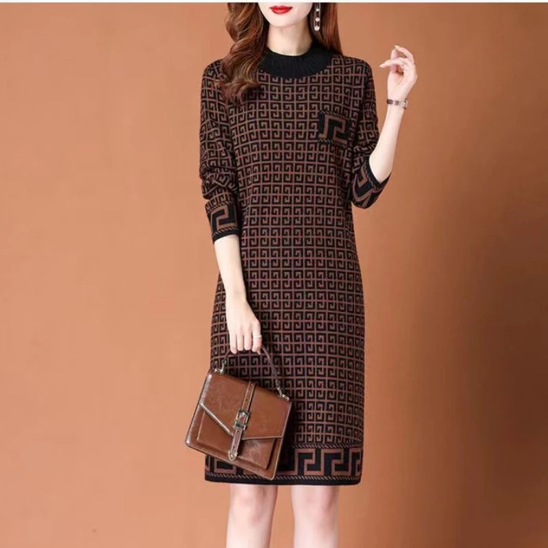 

Retro Mid-length Knitted Dress Autumn Winter Warmth Plus Size Wool Skirt Slim Fit Korean Long Sleeves Grace Fashion Undefined
