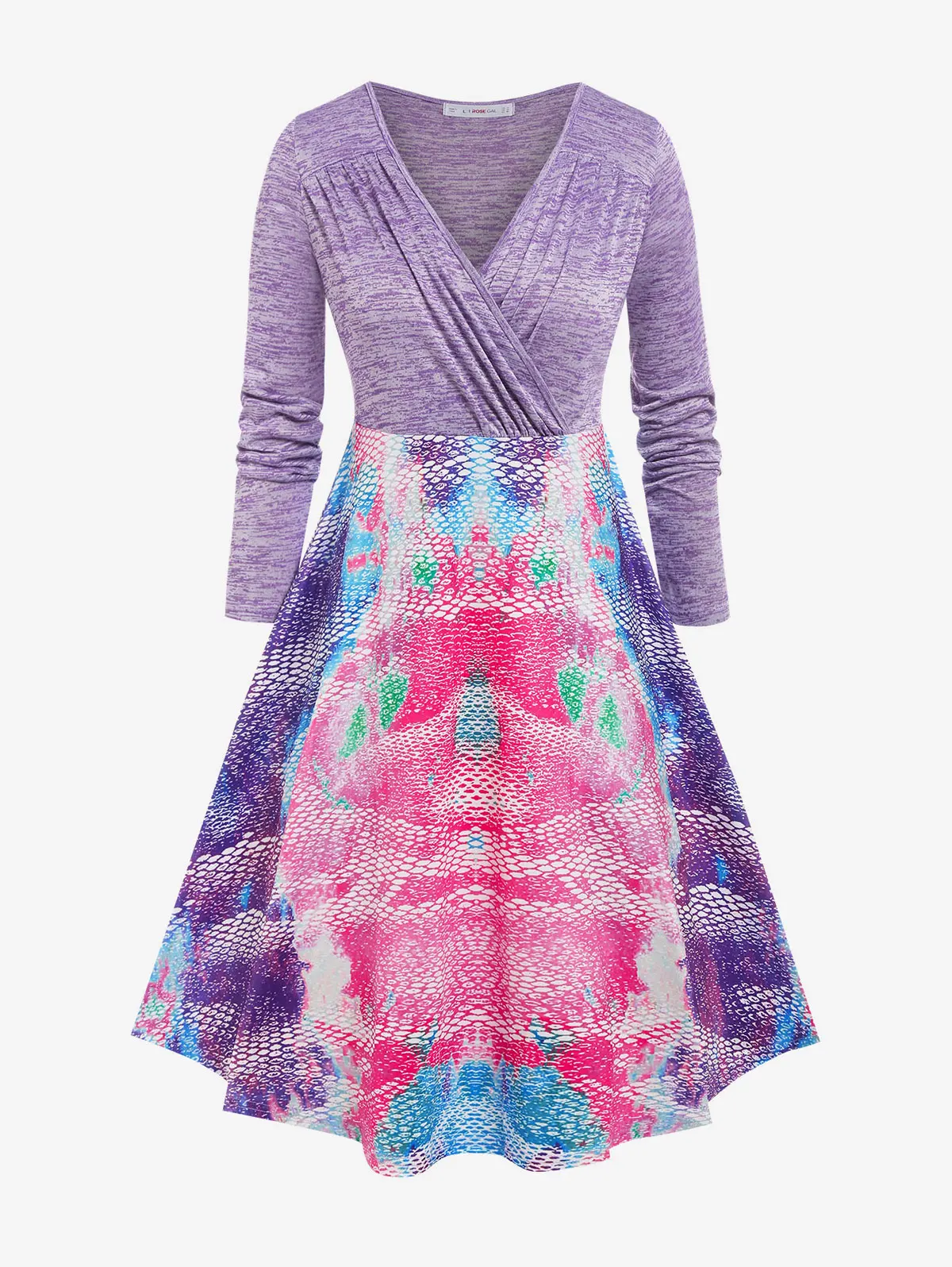 

ROSEGAL Plus Size Casual Dresses Abstract Pattern Pleat Surplice Dress Women Light Purple V-Neck Long Sleeves Robe Vestidos 5XL