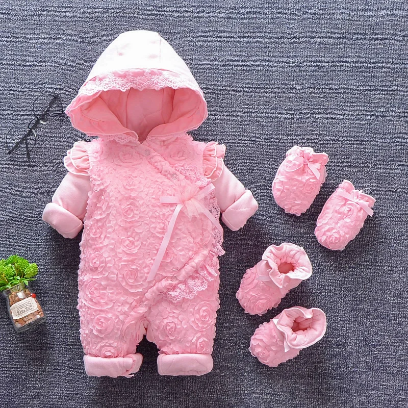 

Newborn baby girls winter thick bodysuit warm cotton padded hooded bodysuit princess birthday party Christmas picture outfits