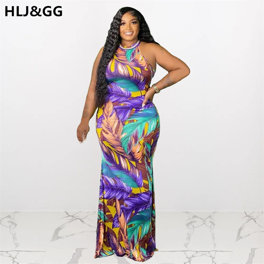 HLJ&GG Women Plus Size Summer Print Sleeveless Backless Bodycon Dress Casual Halter Long Dress Print Skinny Dress Street Wear