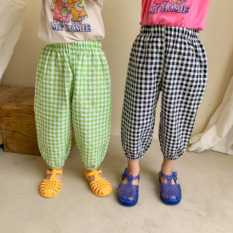 

MILANCEL 2022 Summer Kids Pants Plaid Casual Pants Boys And Girls Thin Ninth Pants