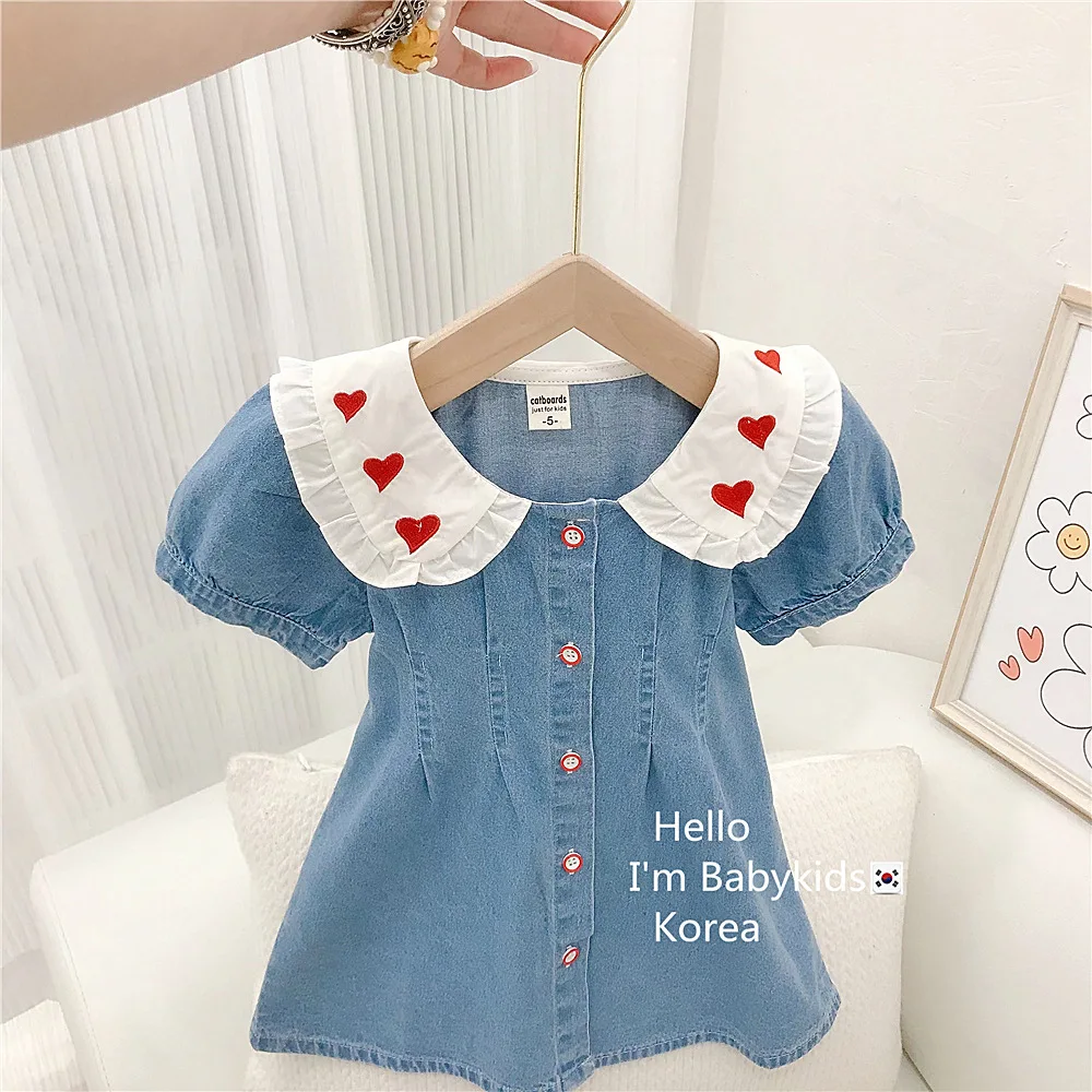 

Summer Girl Children Cardigan Love Embroidery Casual Denim Dress Baby Simple Cotton Short Sleeve Princess Dresses Infant Outfits