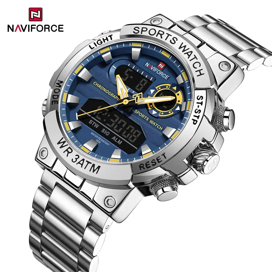 NAVIFORCE часы с двойным дисплеем мужские модные полностью стальные спортивные