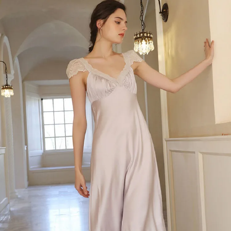 

Women Long Nightgown Summer Sexy V-Neck Lace Nightdress Bride Wedding Lingerie Sleepshirts Home Dressing Lounge Loose Skirts