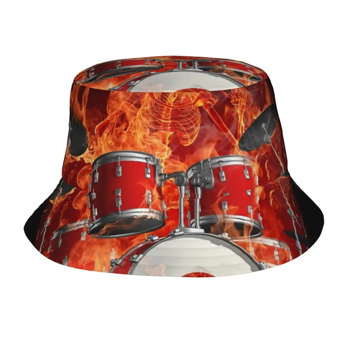 

Drummer Skeleton Fire Outdoor Fisherman Cap Beach Hats SunCaps Men Women Bucket Hat Panama Hats Bob Hats For Women