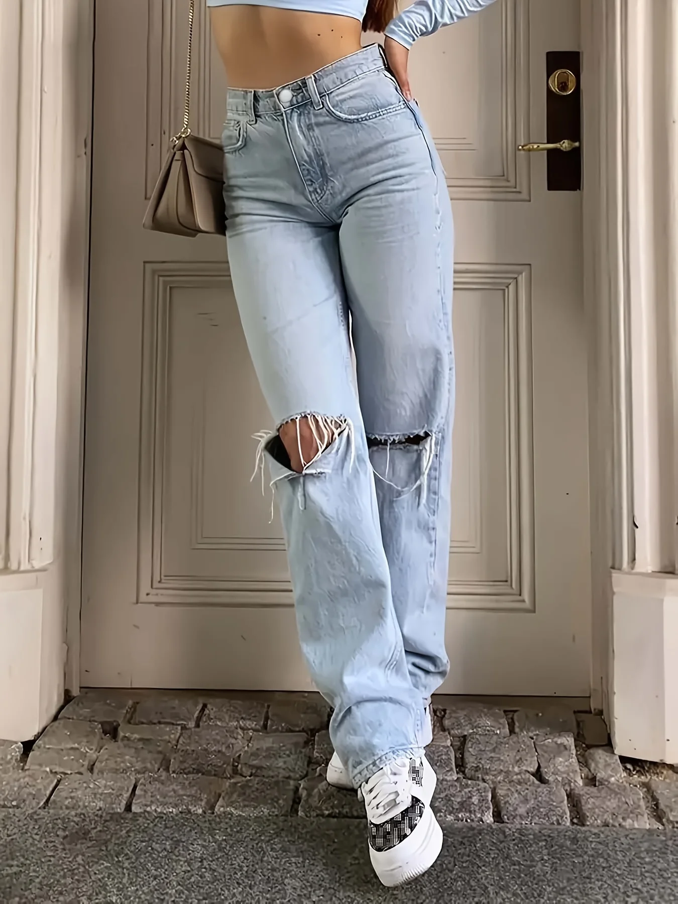 Синие рваные прямые джинсы с дырками, свободные неэластичные повседневные  джинсовые брюки с косыми карманами, женские джинсы и одежда | AliExpress