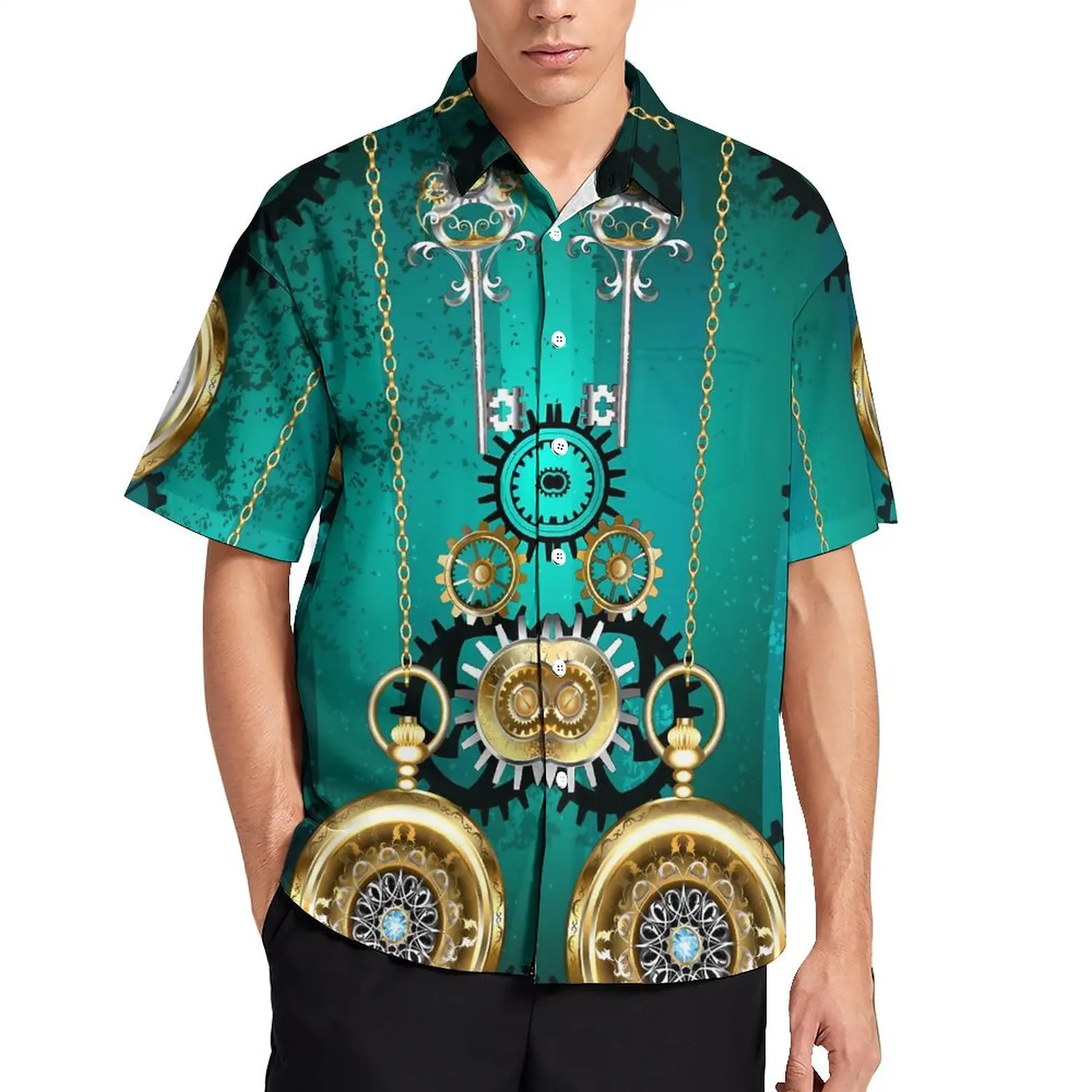 

Steampunk Print Blouses Men Jewelry Watch Casual Shirts Summer Short Sleeve Printed Novelty Oversized Beach Shirt Gift
