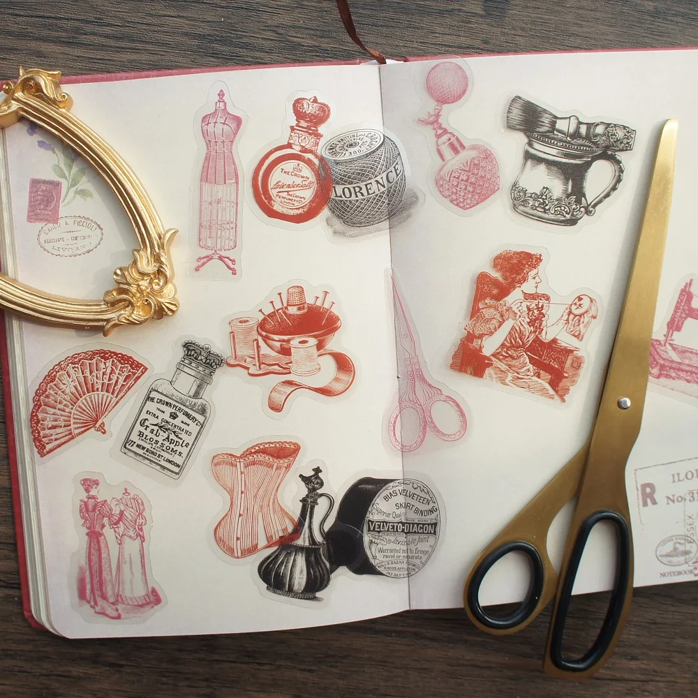 

28pcs Pen Drawing Industrial Age Theme Tailor Shop Style PVC Sticker Scrapbooking DIY Gift Packing Label Decoration Tag