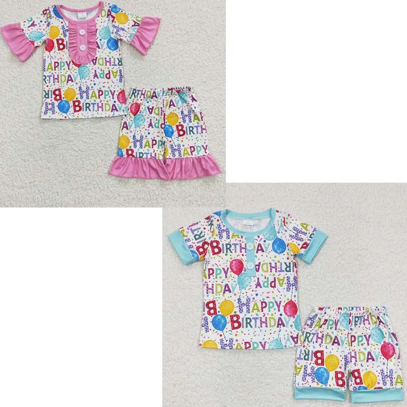 

Оптовая продажа, летняя Ночная одежда для маленьких мальчиков и девочек, детская одежда для сна на день рождения с короткими рукавами, шорты, комплект пижам, подходящий наряд