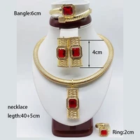 dubai jewelry set for women thick necklace red crystal stone earrings gold plated earrings bangle bracelet for wedding party