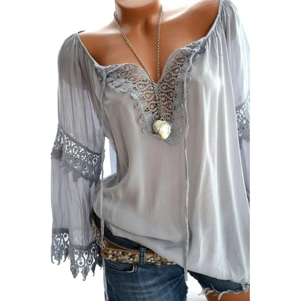 

Autumn Elegant Hollow Lace Stitching Solid Color Women Long Sleeve Shirt Top Plus Size Casual Women Blouses Women Tops
