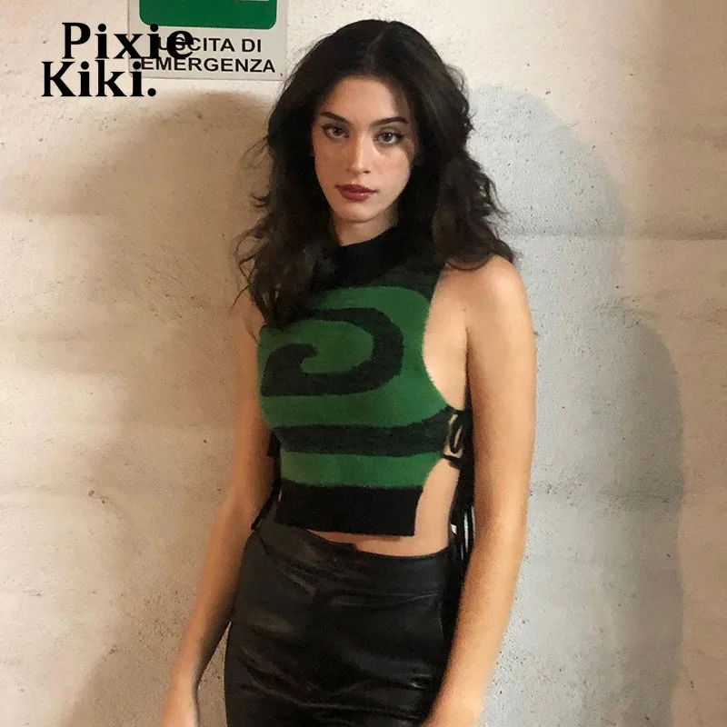 

PixieKiki Trendy Side Tie Up Crop Top Y2k Indie Aesthetic Clothes Graphic Cropped Tank Tops Green Knitted Sweater Vest P77-BH15