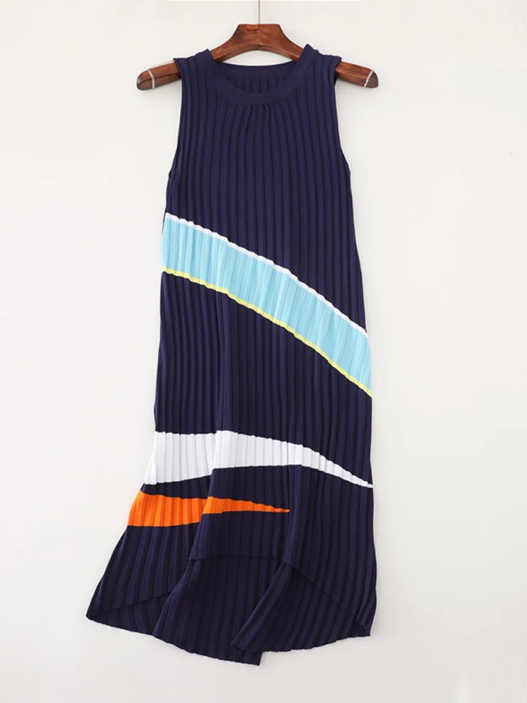 

Micosoni O-neck Knitted Sleeveless Loose Elastic Sunken Stripe Printed Pleated Stitching Dress for women Vestido Feminino