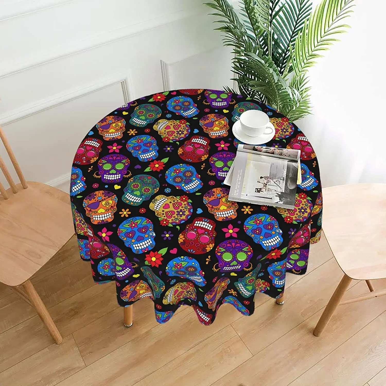 

Mexican Day of The Dead Sugar Skull Round Tablecloth Outdoor Picnic Table Cover Camping Table Cloths Waterproof Washable