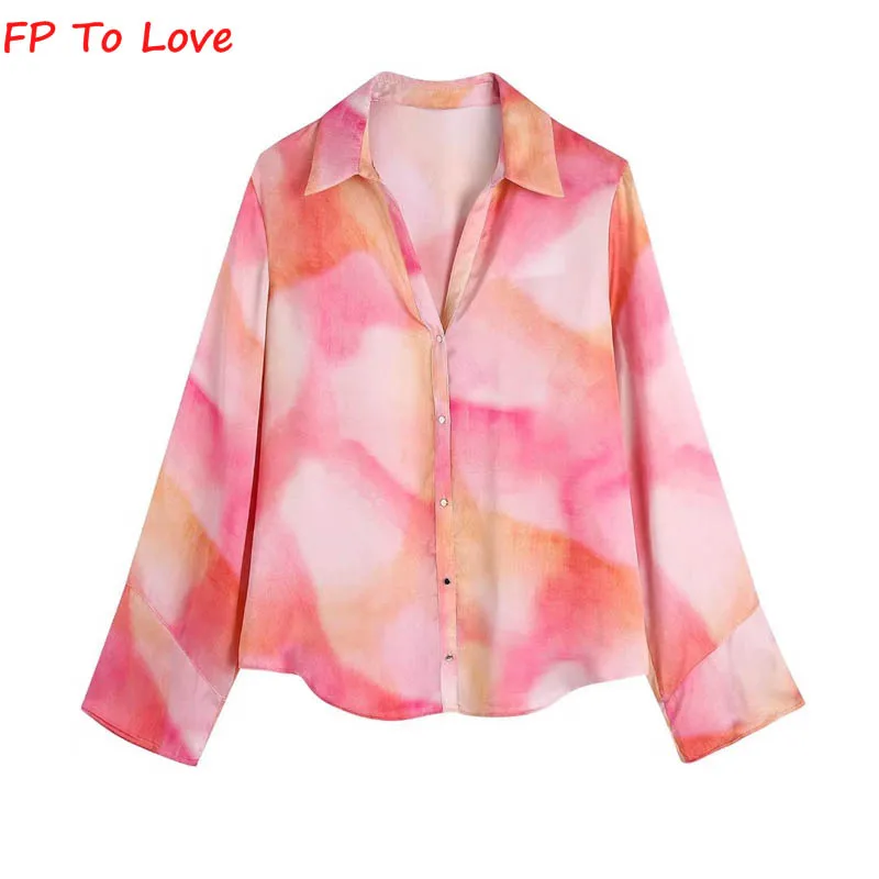 

FP To Love Spring/Summer 2022 Long Sleeve Tie Dye Printed Silk Satin Textured Shirt Lapel Single Breasted Top Woman