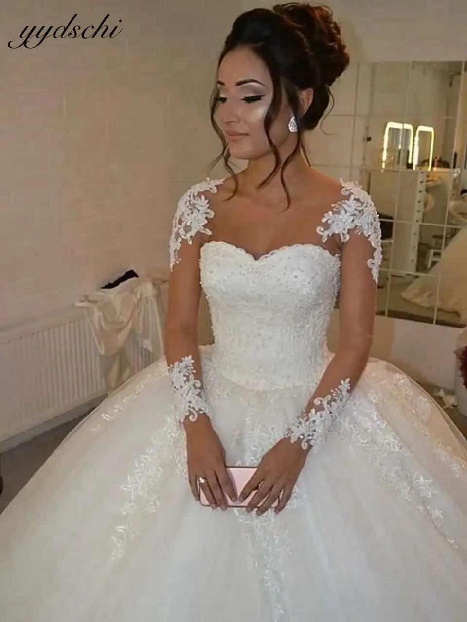 

White Tulle Illusion Wedding Sleeves Long Sleeves Sweetheart Appliques Princess Bridal Gown Elegant Vestidos De Novia 2022