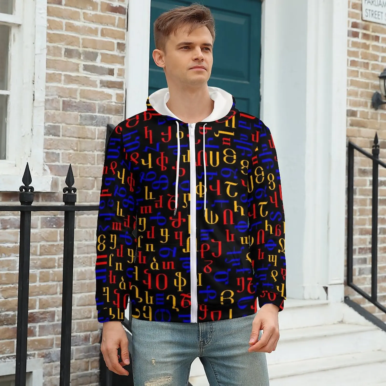 

Colorful Letter Print Hoodie Armenian Alphabet Outdoor Mens Hoodies Mens Winter Zip Up Hoodie Oversize