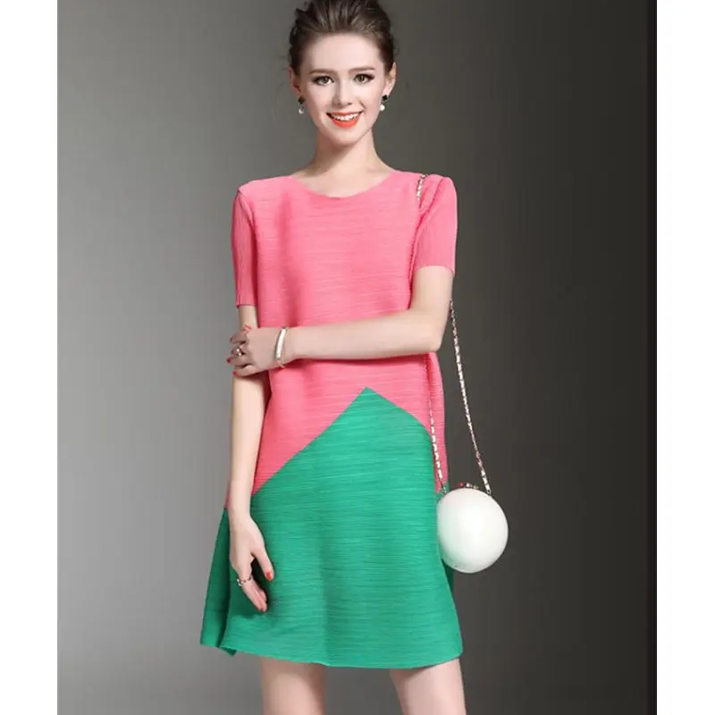 

Korean color fashion pleated dress female summer 2021 new simple and loose large size was thin and age-reducing A-line dress