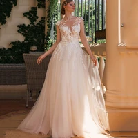 elegant o neck wedding dress for bride cap sleeve modern a line bridal gown tulle lace appliques illusion button vestidos noiva
