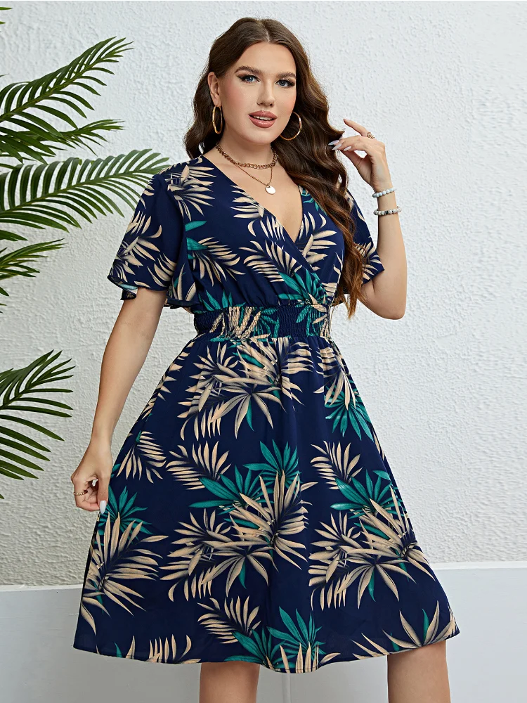 Summer V-neck wrapped waist to show off thin dress plus size feminino party dresses