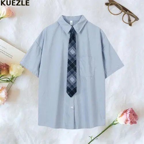 

White Girls Korean Style Loose Summer Shirts 2022 New Fashion Single Breasted Cute Girls Street Style Dress Shirts Short Sleeve