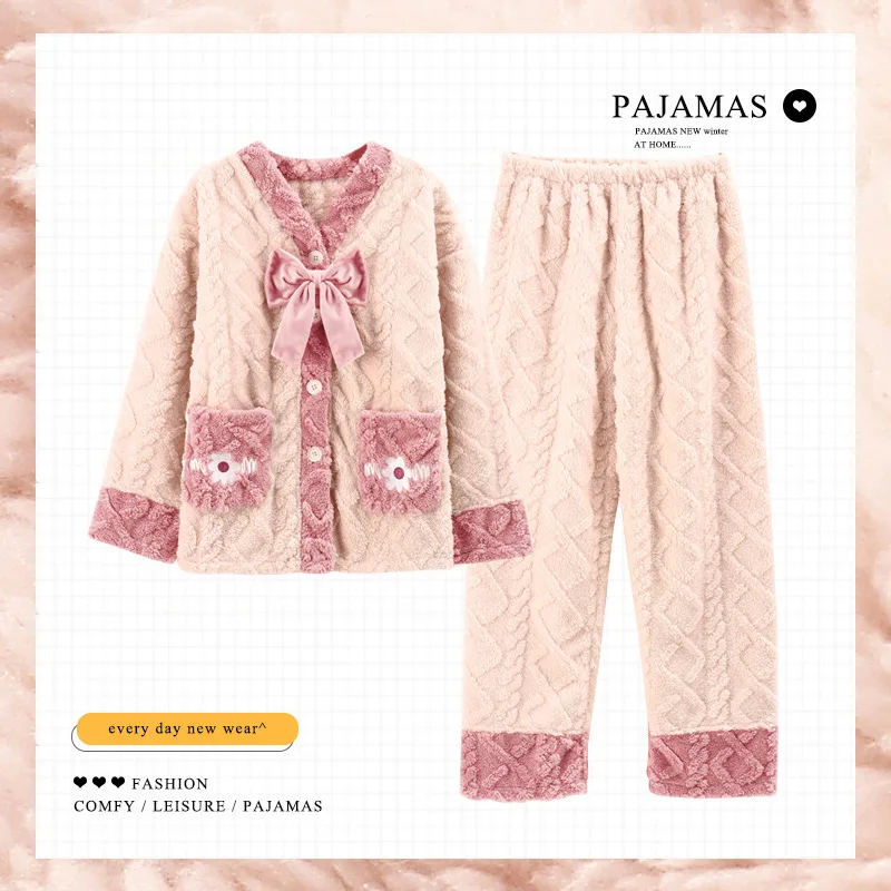 Winter New Coral Velvet Pajamas Women's V-neck Cardigan Warm Flannel Lovely Cartoon Cashmere Home Wear Nightclothes