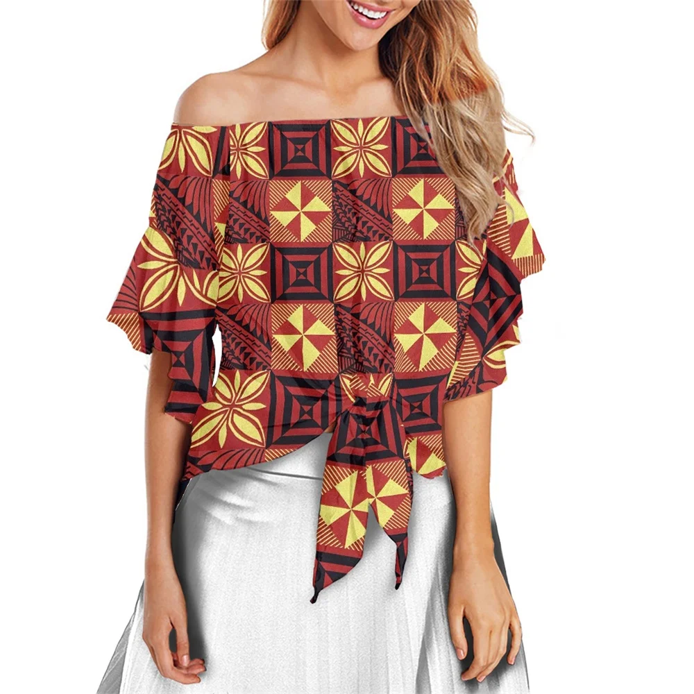 

Elegant Shirt Polynesian Tribal Traditional Red Flower Print Custom Off Shoulder Top Loose Short Sleeve Casual Knot Tops