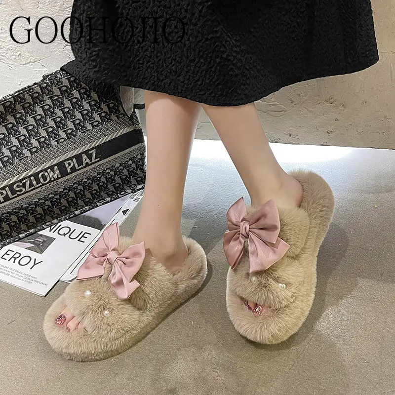 

Short Plush Women Winter Slippers Butterfly-knot Female with Velvet Slippers Keep Warm Cute Shoes Soft Women Platform Slippers