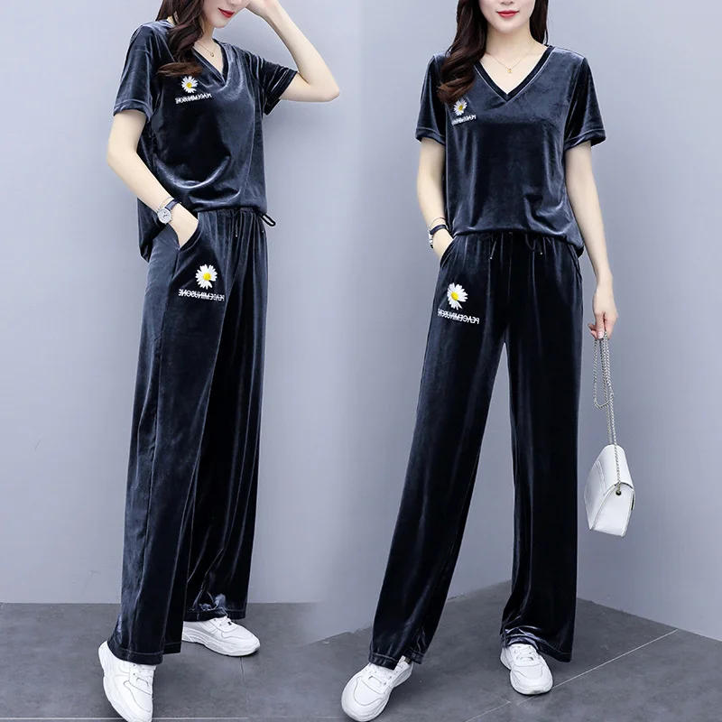 

Женские вельветовые костюмы, модный топ и брюки с широкими штанинами, повседневный комплект из двух предметов, женская одежда, золотистые в...