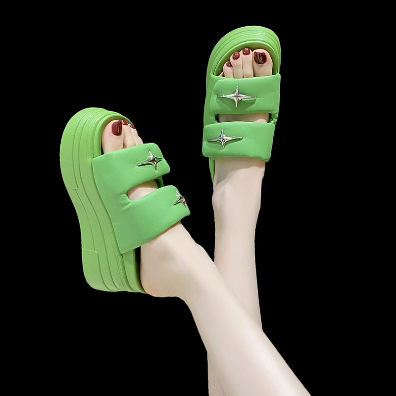 9cm Heels Chunky Platform Slippers For Women Open Toe Leather Wedges Sandals Woman Summer Thick Bottom Female Beach Flip Flops