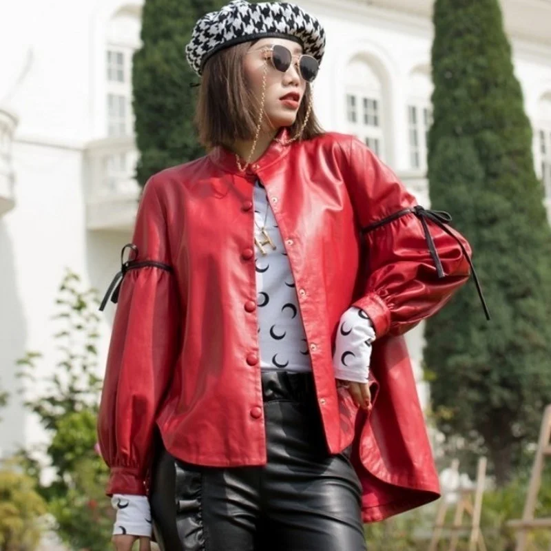 

2023Leather jacket,Spring New Korean Loose Jacket Sheepskin Female Genuine Leather Coats Single Breasted Bow Lantern Sleeve SOli