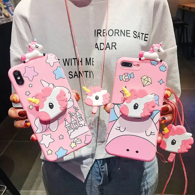 

Disney Pink Unicorn Mirror lanyard Phone Case For Samsung S9 10 plus A52 51 72 30 205 305 11 30 50 750 70s J4 5 6 7