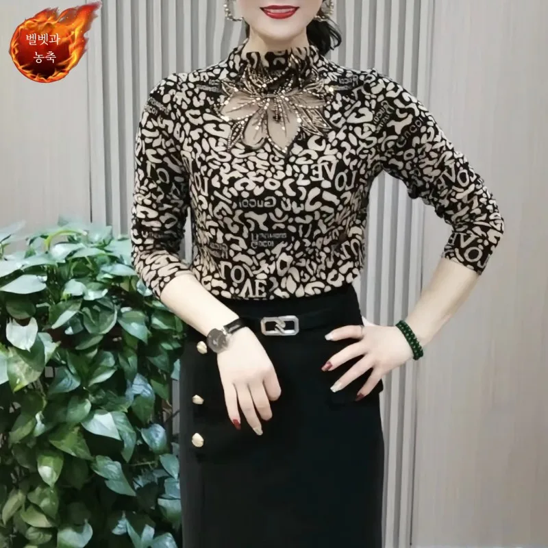 Spring Autumn and Winter New Hot Drilling Warm Fleece-lined Bottoming Shirt Women Western Sle All-Matching Half-high Colla...