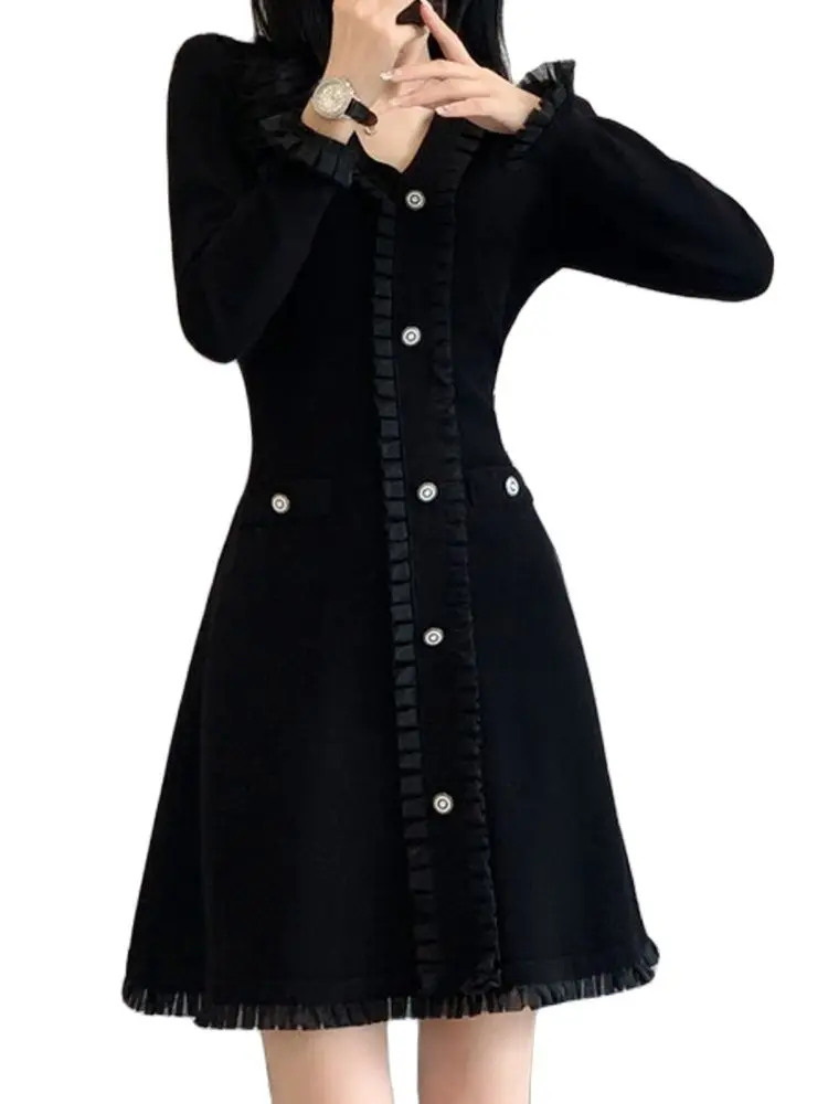 

Leisure V -Neck Knitted Skirt Waist Thin Long Sleeve Dress 2022 Autumn New Korean Fashion Women'S Clothing