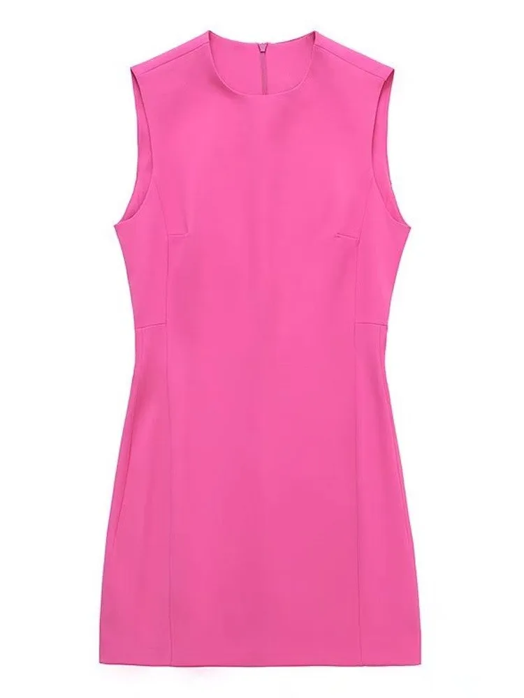 

Huaxiafan женское модное приталенное розовое мини-платье без рукавов винтажные женские платья с круглым вырезом и молнией сзади Vestidos Mujer