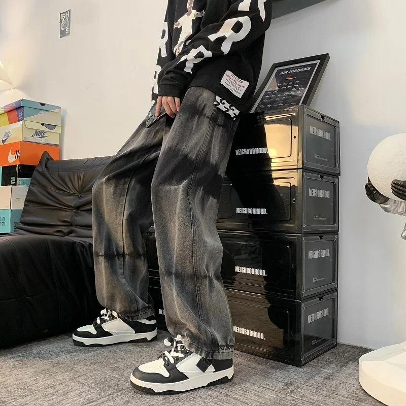 Black Tie Dye Jeans Men's Fashion Retro Casual Baggy Jeans Men Streetwear Loose Hip Hop Straight Denim Pants Mens Trousers S-3XL