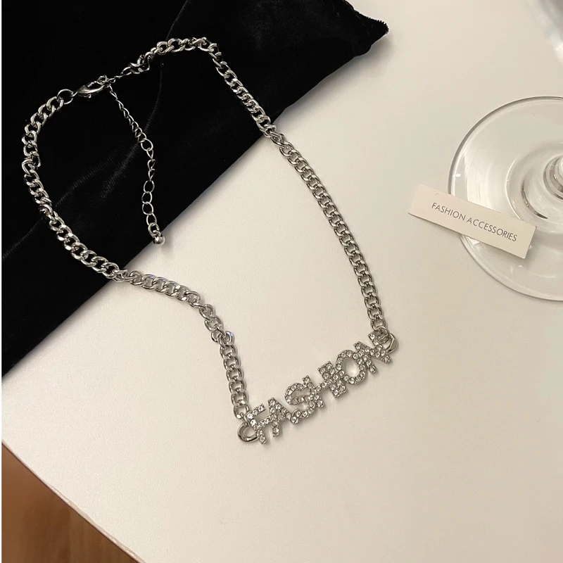 

Diamond Necklace for Women 2021 Statement Jewelry Name Silver Bamboo English Fashion Letter Pendants Toggle Chian Necklace 1992