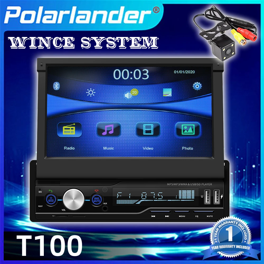 

Автомобильный мультимедийный mp5-плеер, Универсальный стерео-приемник с FM, двумя USB-портами, с выдвижным экраном, Типоразмер 1 DIN, 7 дюймов, T100, RDS, Bluetooth, Wince