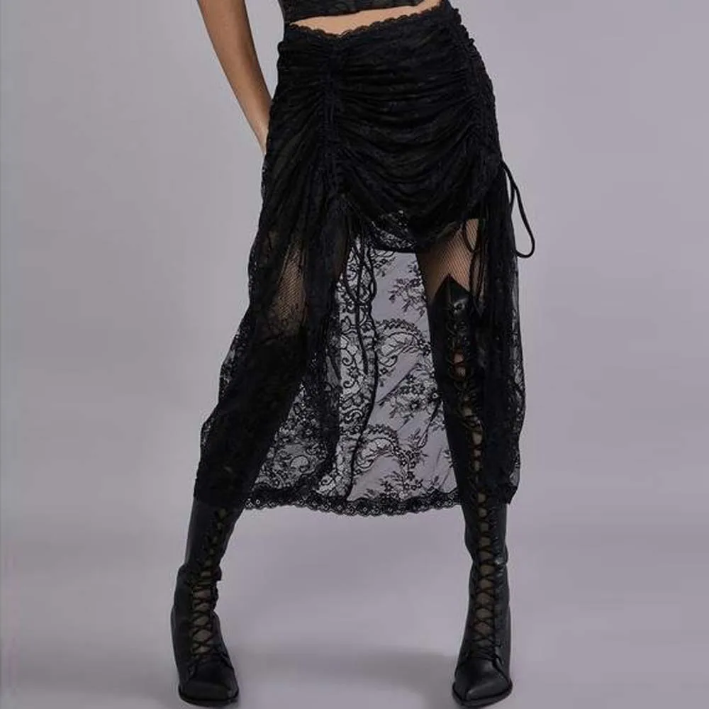 

Gothic Dark Retro Black Long Skirt Esthetische Elegant Rosetic Lace Drawstring Gothic Sexy Party Skirt Irregular 2022