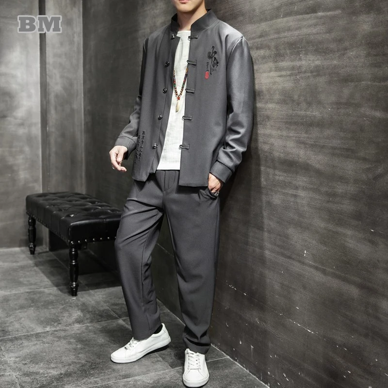 

Chinese Style Spring New Embroidery Plus Size Loose Suits For Men 2022 Loose Suit Thin 2-Piece Suit Harajuku Tracksuit Male