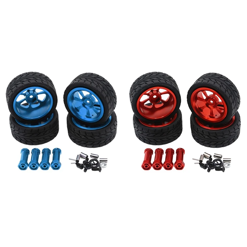 

8Pcs 65Mm Alloy Wheel Tire Tyre With Lengthened 12Mm Combiner For Wltoys 144001 - 4Pcs Blue & 4Pcs Red