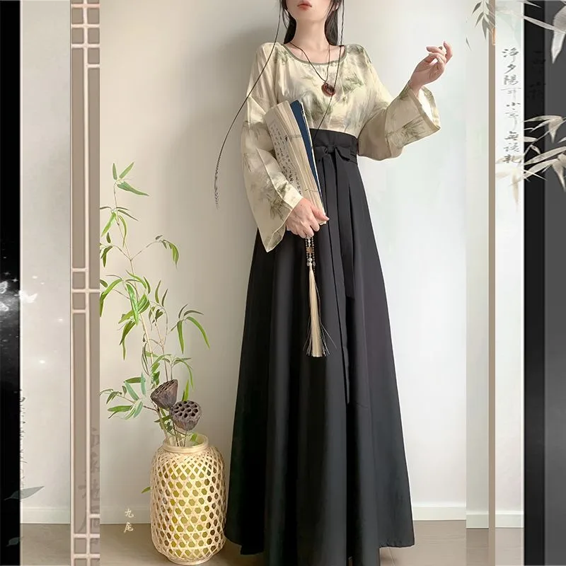 Женский древний китайский костюм с круглым вырезом и длинными рукавами топ