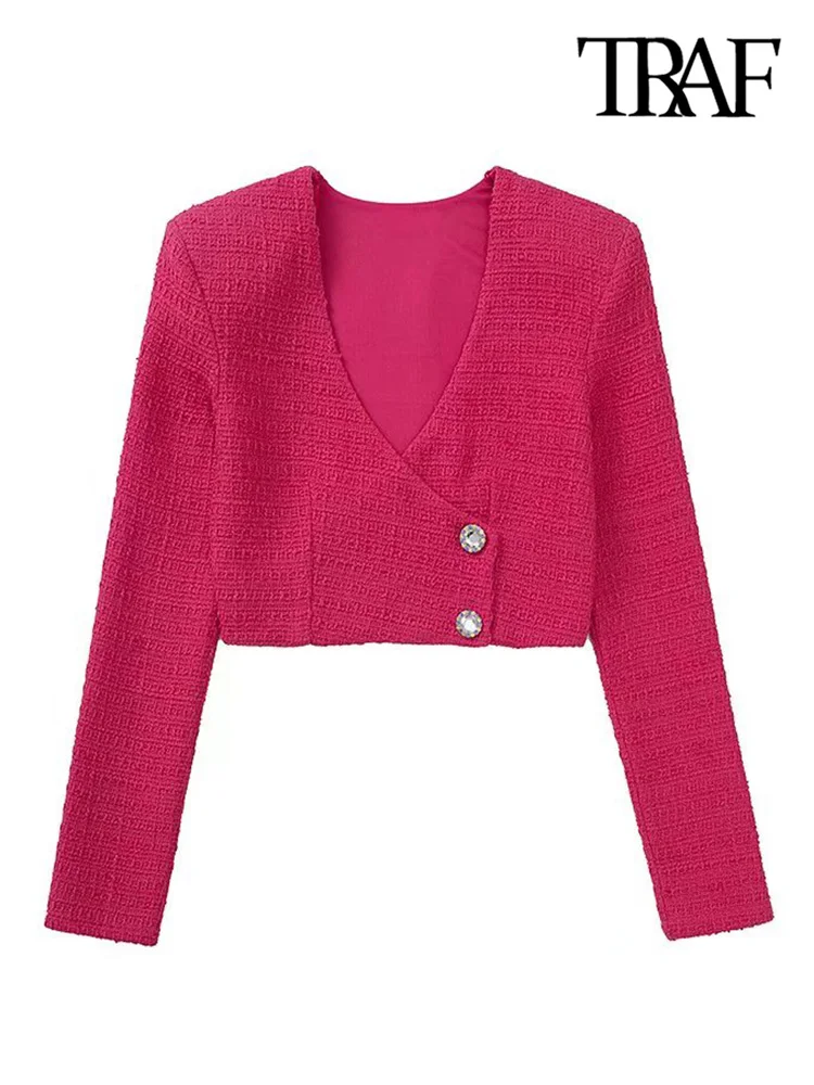 

TRAF Women Fashion With Rhinestone Buttons Tweed Crop Jacket Coat Vintage Long Sleeve Female Outerwear Chic Tops