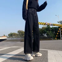 jeans women all match korean style mopping trousers denim vintage black solid high waist autumn baggy chic ulzzang street casual