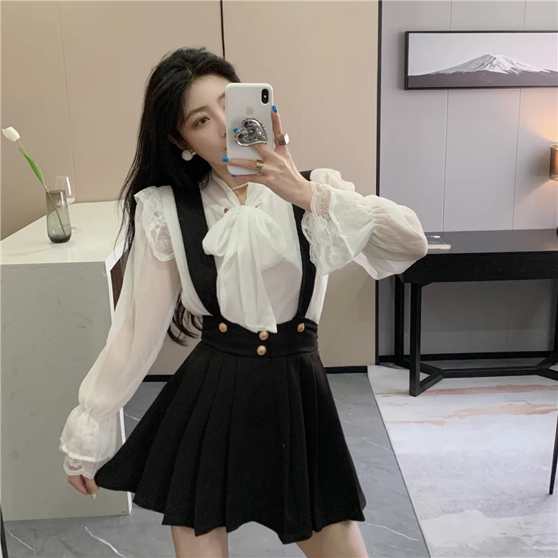 Шифоновая кружевная Свободная блузка с длинным рукавом и бантом + узкая юбка