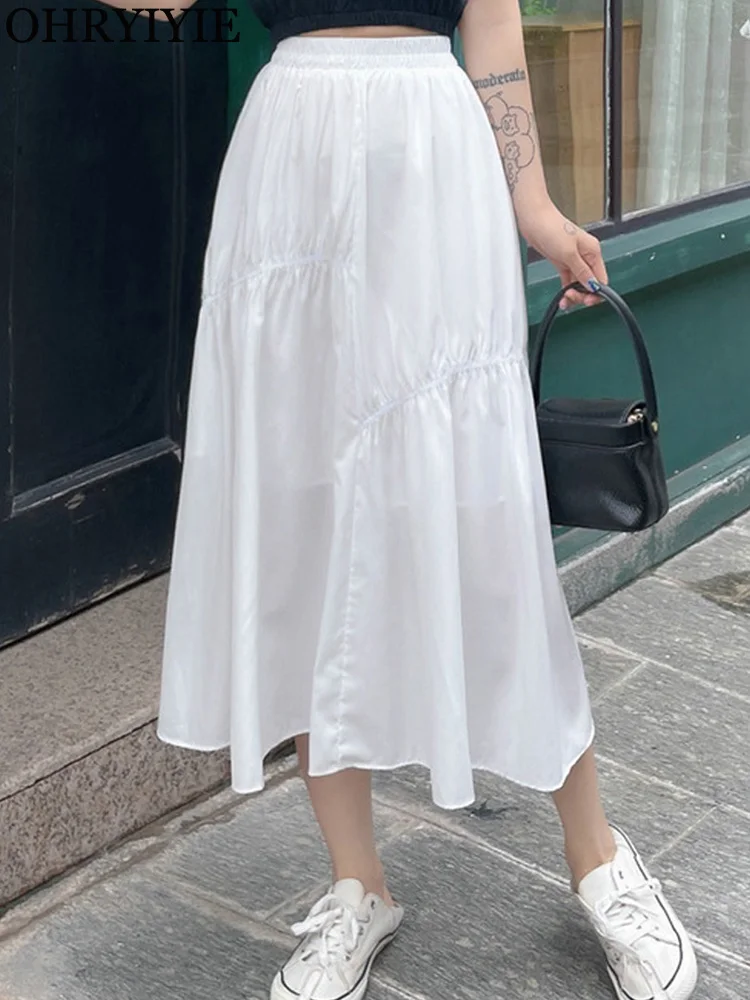 

OHRYIYIE 2022 Irregular Midi Long Pleated Skirt Women Autumn Winter Elastic High Waist A-Line Skirt Female White Casual Skirt