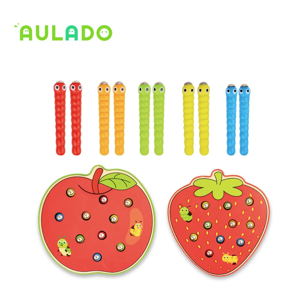 

Baby Toys Wooden 3D Puzzle Early Childhood Educational Toys Montessori Magnetic Strawberry Apple Catch Worm Game Color Cognitive