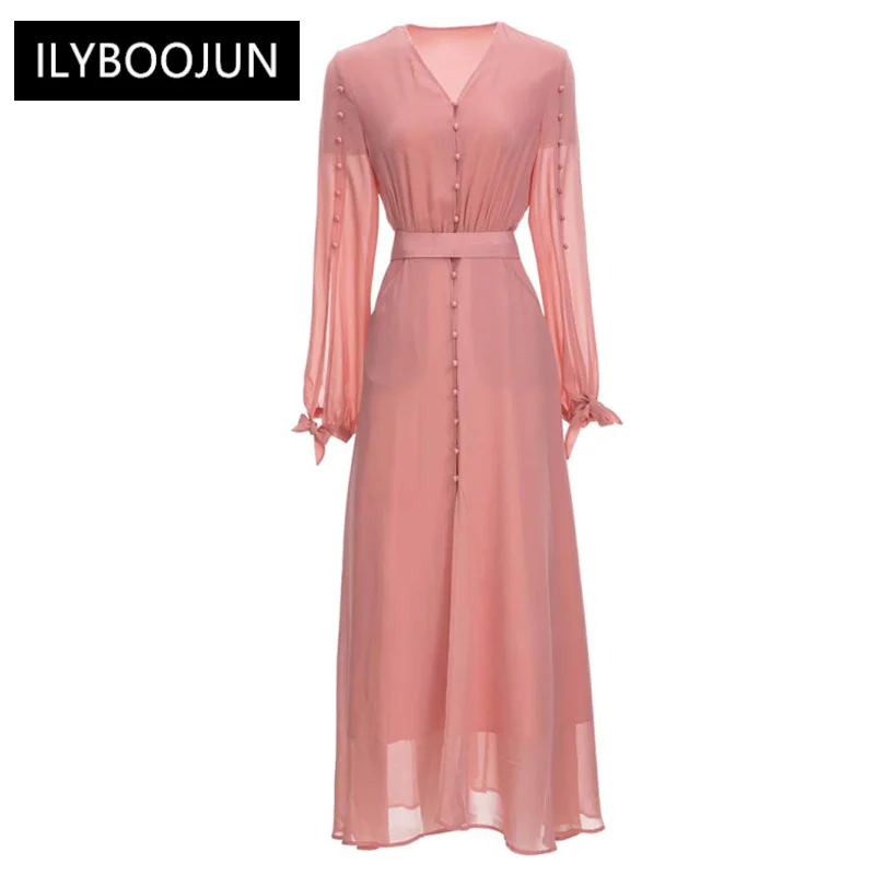 

Dresses For Women 2022 Luxury Designer Runway Elegant V Neck Long Sleeve Single-breasted Elastic Waist Casual Pink Midi Dress