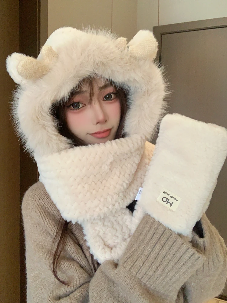 Cute Plush Hat Scarf Integrated Women Winter 2024 New Cycling Warm Gloves Three-Piece Set